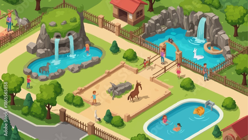 Cartoon zoo park with animals and people enjoying activities.