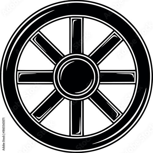 vector illustration vlack and white of the dharma wheel or dharmachakra, sacred symbol of buddhism icon, ideal for spirituality, dharma and asian philosophy concepts
