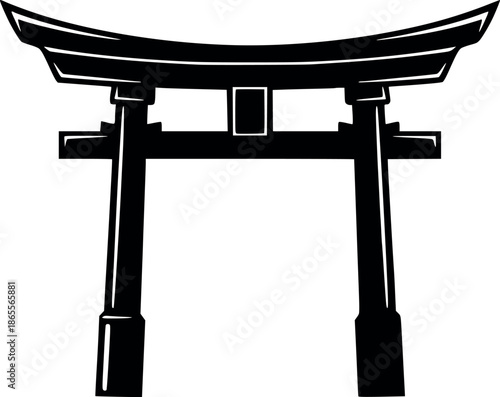 black and white vector illustration of a traditional japan torii gate icon, ideal for japanese culture, shinto religion, travel, oriental architecture and spirituality concept