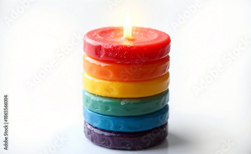Colorful stacked candle with a burning flame, layered in rainbow colors on a clean white background, symbolizing warmth and vibrant celebration.