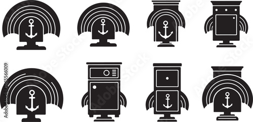 Computer and anchor symbols with rainbow graphics