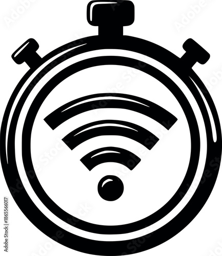 vector illustration black and white icon of a stopwatch and wi-fi wi fi symbol inside, representing connection speed, ideal for technology, high-speed internet and network performance concepts