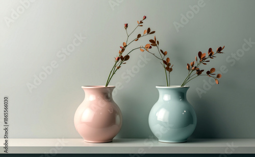 Minimal still life of two pastel ceramic vases with delicate branches, soft light and muted background creating a calm modern interior mood.