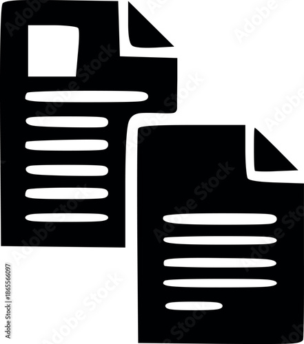 black and white vector illustration of two sheets of paper or office documents, ideal for administration, data management, digital computer files and organization concepts
