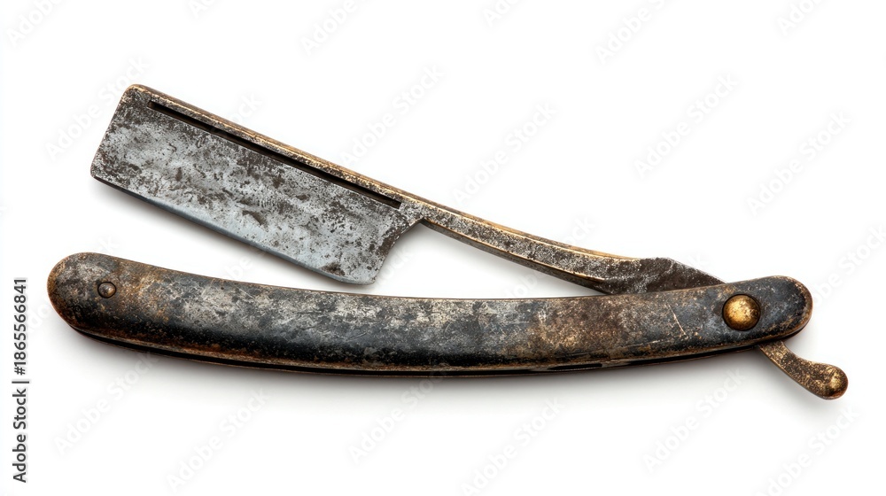 Obraz premium A well-worn, antique straight razor with a dark, tarnished metal handle and blade, showing significant age and use, rests on a stark white background; its patina speaks to years of service. 