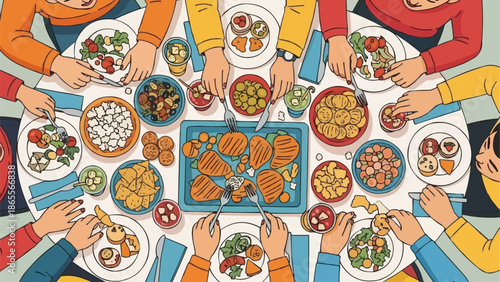 Diverse group of people enjoying a festive meal together around a table.