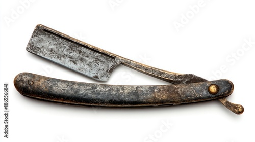 Wallpaper Mural A well-worn, antique straight razor with a dark, tarnished metal handle and blade, showing significant age and use, rests on a stark white background; its patina speaks to years of service.   Torontodigital.ca