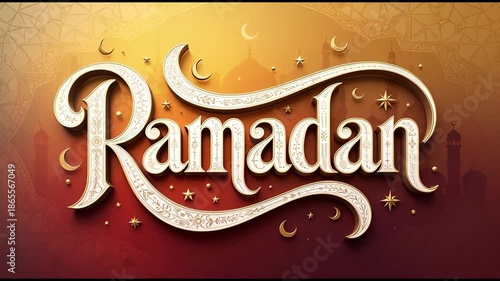 Golden 3d Ramadan Typography with Celestial Elements and Mosque Outlines