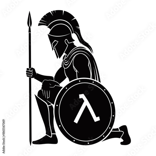 Black silhouette of a kneeling Spartan warrior holding a spear and a shield with a lambda symbol.