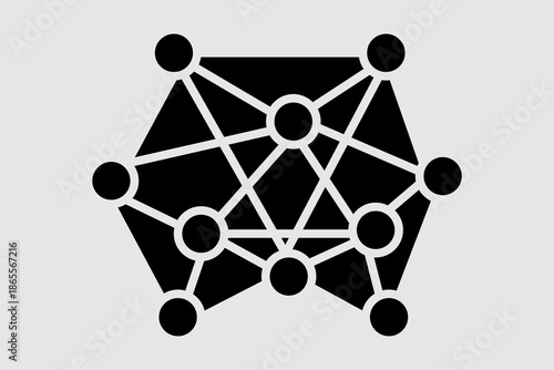 The image shows a minimalist black-and-white icon representing a connected network. It features multiple circular nodes linked by straight lines, forming a geometric web or mesh structure.