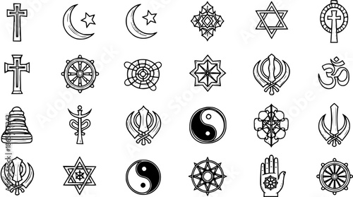 Diverse Religious Symbols Collection - Black and White Line Art Icons Set