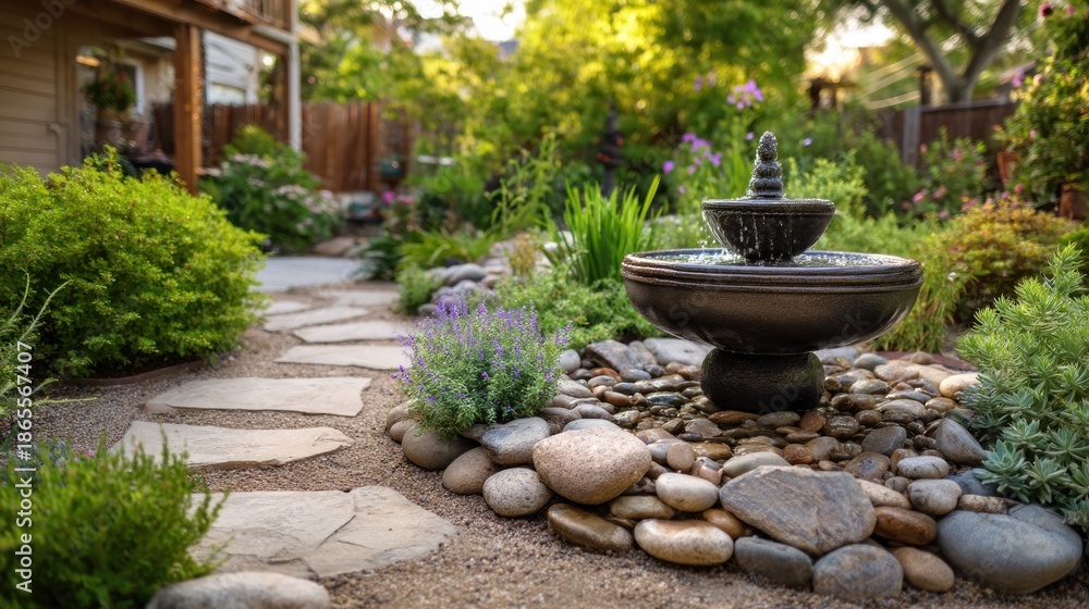 custom made wallpaper toronto digitalA serene backyard garden features a tiered stone fountain encircled by smooth river rocks, nestled amongst lush greenery and a flagstone pathway.  The scene is bathed in soft, natural light