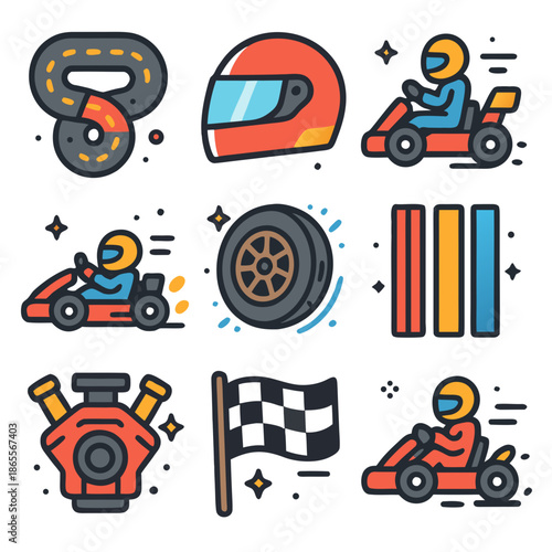 Gokart racing photos featuring karts, helmets, and tracks. Ideal for sports publications, event promotions, and recreational industry marketing materials.