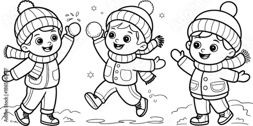 Children playing in snowy weather, winter fun, outdoor activity, snowball game, joyful kids, seasonal clothing, black and white illustration