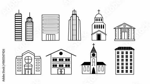 Vector illustration set of black building icons featuring city architecture, houses, urban towers, and church silhouettes for town construction design