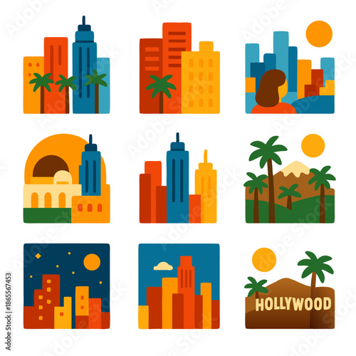 Many colorful icons depicting scenes of los angeles, perfect for travel guides, websites, brochures, and promotional materials for the city.