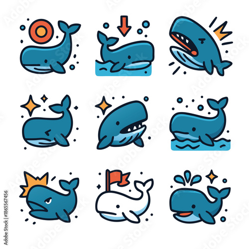 Nine blue whale illustrations with expressions and actions, suitable for childrens books, educational materials, merchandise, and social media content.