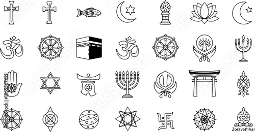Religious Symbols Collection - Black and White Line Art Icons for Diverse Faiths, Global Spirituality, Vector Graphics