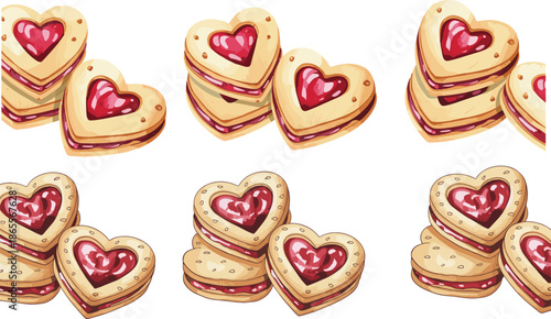 Set of heart shaped jam cookies with red jelly filling, sweet butter biscuits for Valentines Day, isolated vector illustration on white background,