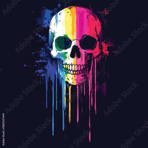 Rainbow paint drips from a white skull against a dark background , vector style simple color