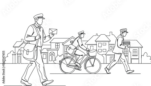 Mail carriers delivering letters and packages in a suburban neighborhood
