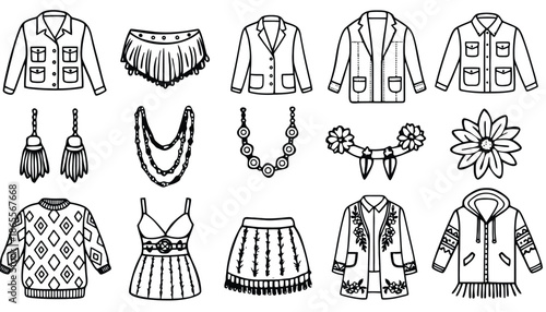 Fashionable clothing and accessories illustration set