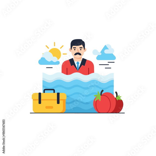 Businessman tackling market volatility and supply chain issues, depicted standing in rising water with a briefcase and produce, representing economic resilience