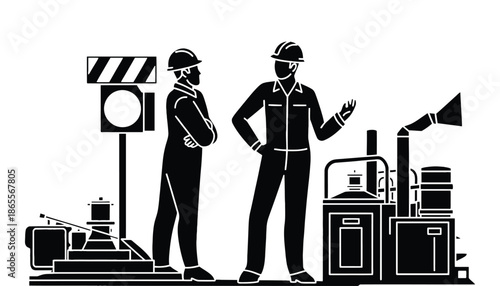 Two workers in hard hats discussing tasks at industrial site