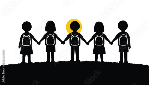 Children holding hands in unity with backpacks on a sunny hill