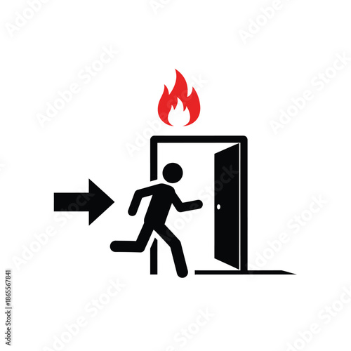 Fire exit sign showing a person running towards an open door with flames above, symbolizing an emergency evacuation procedure