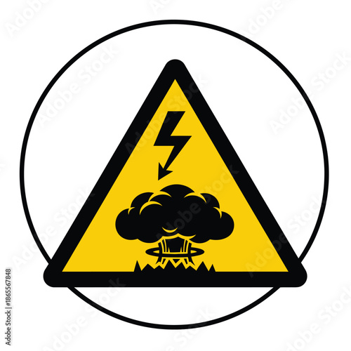 Warning sign depicting a mushroom cloud explosion inside a yellow triangle with a black border, indicating a potential hazard or danger