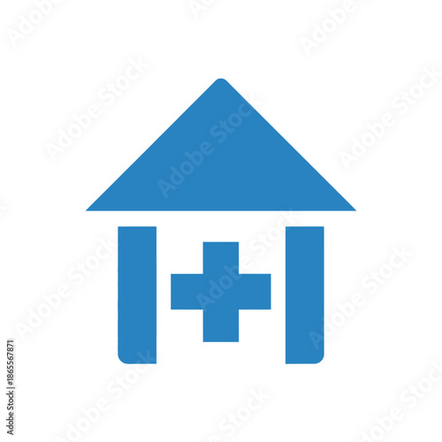 Blue house icon with medical cross, symbolizing a healthcare facility, community clinic, or home health services. A clear graphic symbol for medical assistance and well-being initiatives