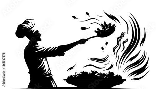 Chef cooking with dynamic stir fry technique