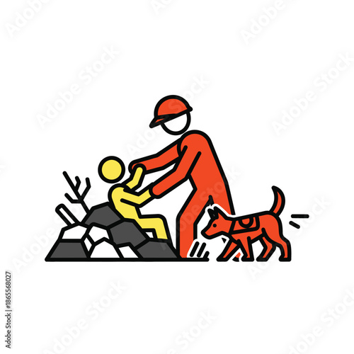 Emergency rescue icon showing a first responder helping a person from debris, with a search dog, symbolizing urgent aid and disaster recovery efforts
