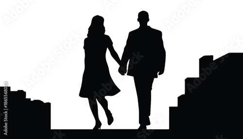 Couple holding hands walking through cityscape