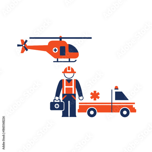 Illustration of essential emergency and rescue services, featuring a helicopter, a first responder with a first aid kit, and an ambulance for critical medical aid and immediate response