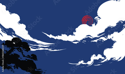 Elegant hand-drawn Japanese-style clouds with flowing brush strokes and fine-line textures. Soft white cloud silhouettes against a deep indigo background. Traditional and serene art.