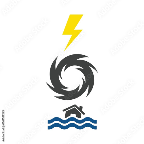 Vector icon set illustrating severe weather conditions including lightning, hurricane, and flood, symbolizing natural disaster risks and emergency preparedness for communities