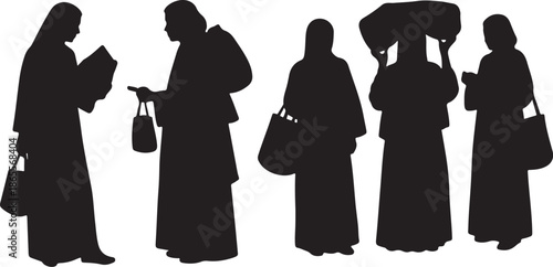Silhouettes of Women in Traditional Clothing with Bags and Accessories
