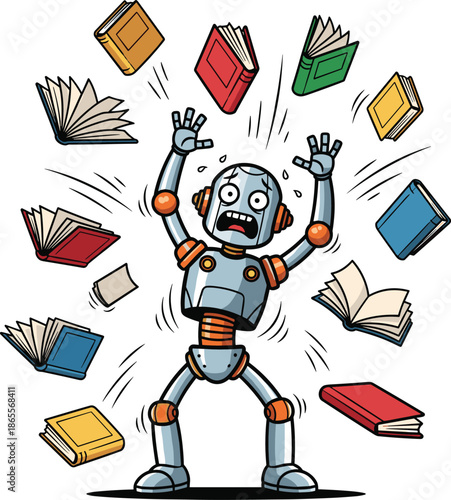 Vector Illustration of a Panicked Robot Character Surrounded by Many Flying and Falling Colorful Hardcover Text Books