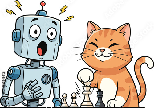 Vector Illustration of a Shocked Robot Character Losing a Chess Game to a Smug Ginger Tabby Cat Mascot