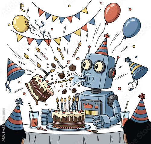 Vector Illustration of a Robot Character Accidentally Blowing a Piece of Cake and Candles Everywhere at a Party