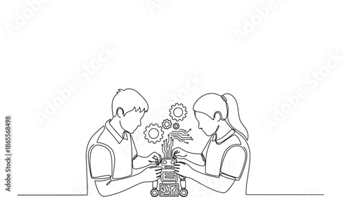 Two students building robot together creatively