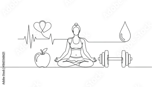 Woman meditating with fitness and health symbols around her