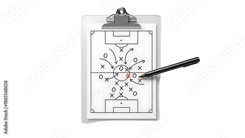 A soccer coach's tactical plan on a clipboard with a pen