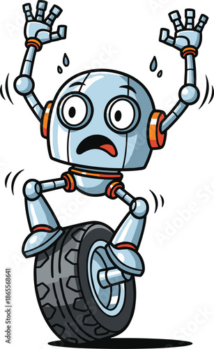 Vector Illustration of a Panicked Silver Robot Character Balancing Precariously on a Single Large Moving Tire Wheel