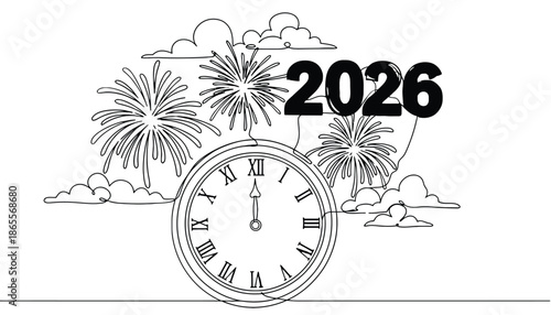 Vibrant New Year's Eve celebration with clock striking midnight in 2026