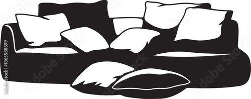 Black and white illustration of a couch with pillows