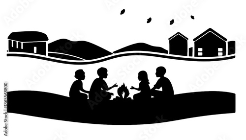Family gathering around campfire in rural village setting