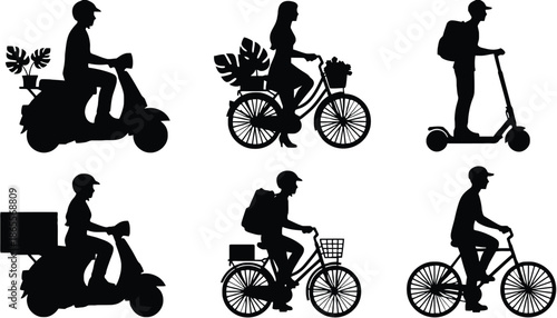 Delivery riders on scooters and bicycles in silhouette